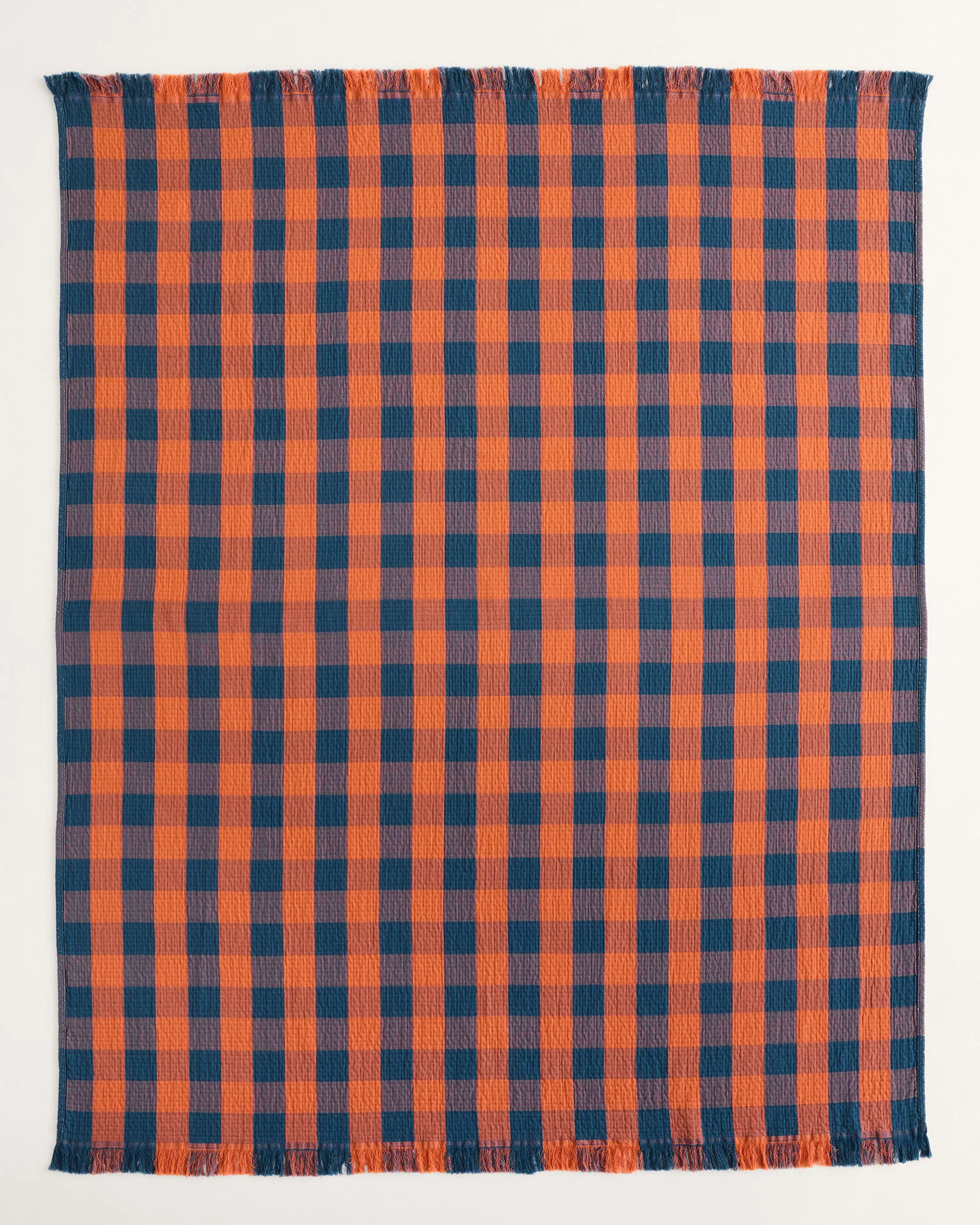 Innovative Block Plaid Organic Cotton Fringed Throw Copper Indigo Solid