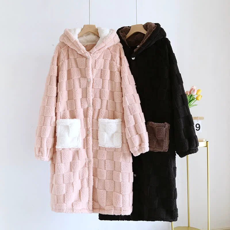 Clean Ownkoti Couple Matching Grid Textured Hooded Flannel Robe Fashionable