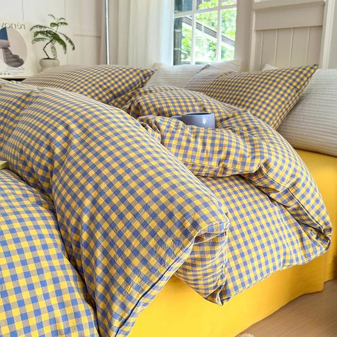 Fast LifeTB Gingham Comforter Set Full Modern Style Purple Yellow Grid Plaid Comforter Set Soft Fluffy Checkered Pattern Comforter with 2 Pillowcases Farmhouse Gingham Grid Bedding Comforter Breathable Outstanding