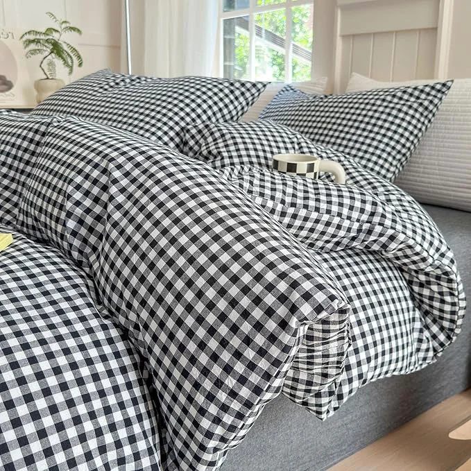 Casual LifeTB Black Gingham Comforter Full Size Boho Plaid Checkered Pattern Comforter Geometric Grid Plaid Printed Bedding Comforter Set with 2 Pillowcases Fluffy Bed Luxury Soft Gingham Bedding Set Full Unique