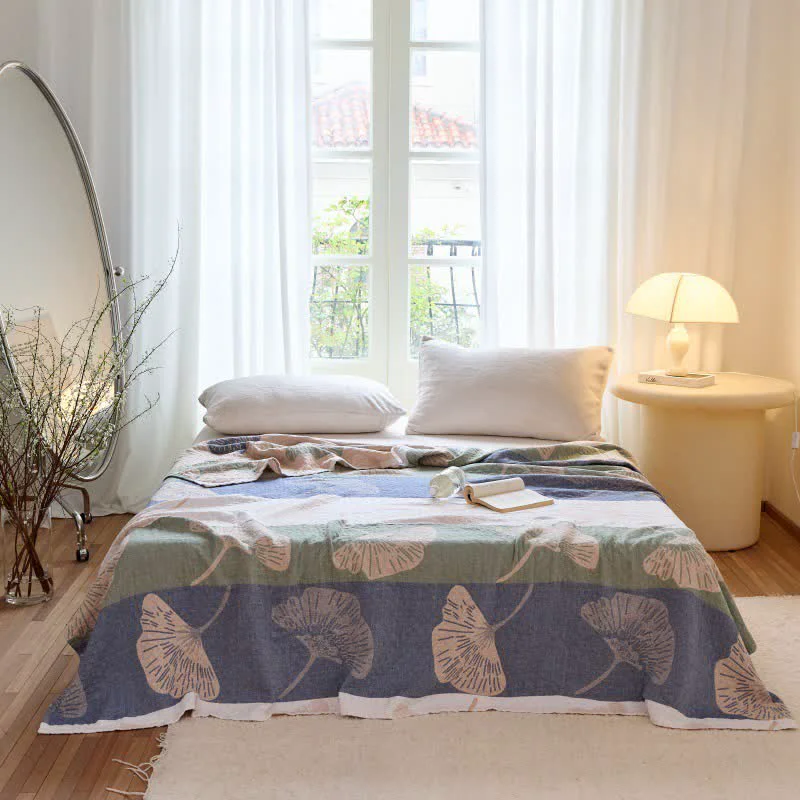 Selected Ownkoti Striped Ginkgo Leaf Cotton Gauze Quilt Blanket Fashionable