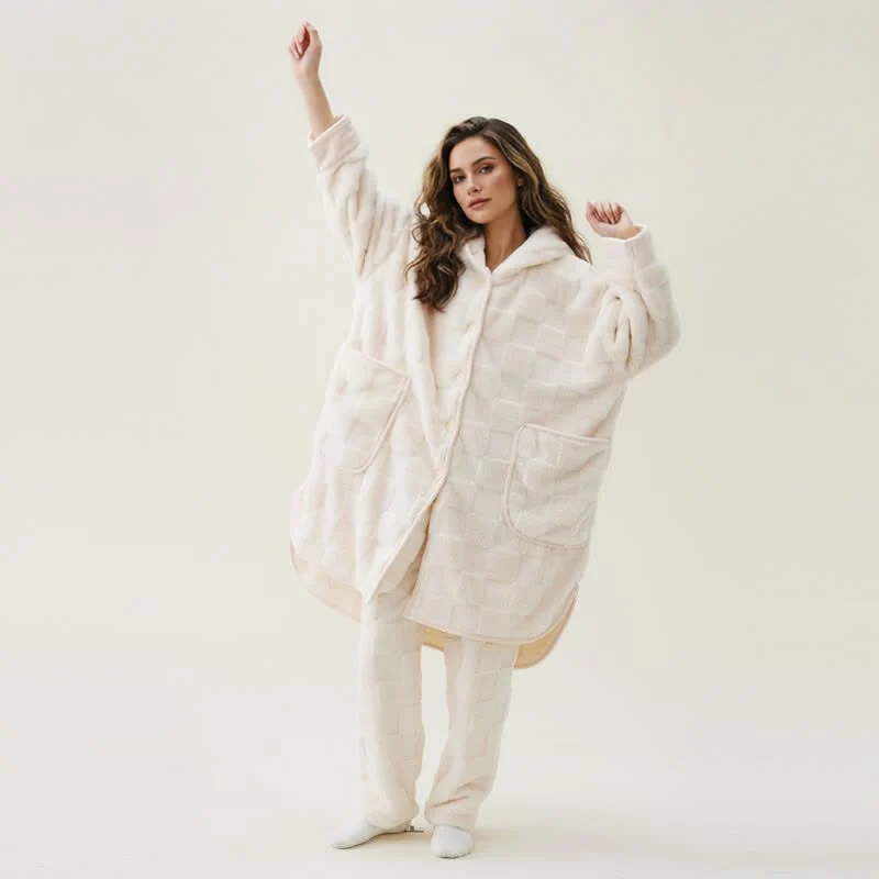 Breathable Ownkoti Solid Plush Checkered Texture Hooded Robe Refined