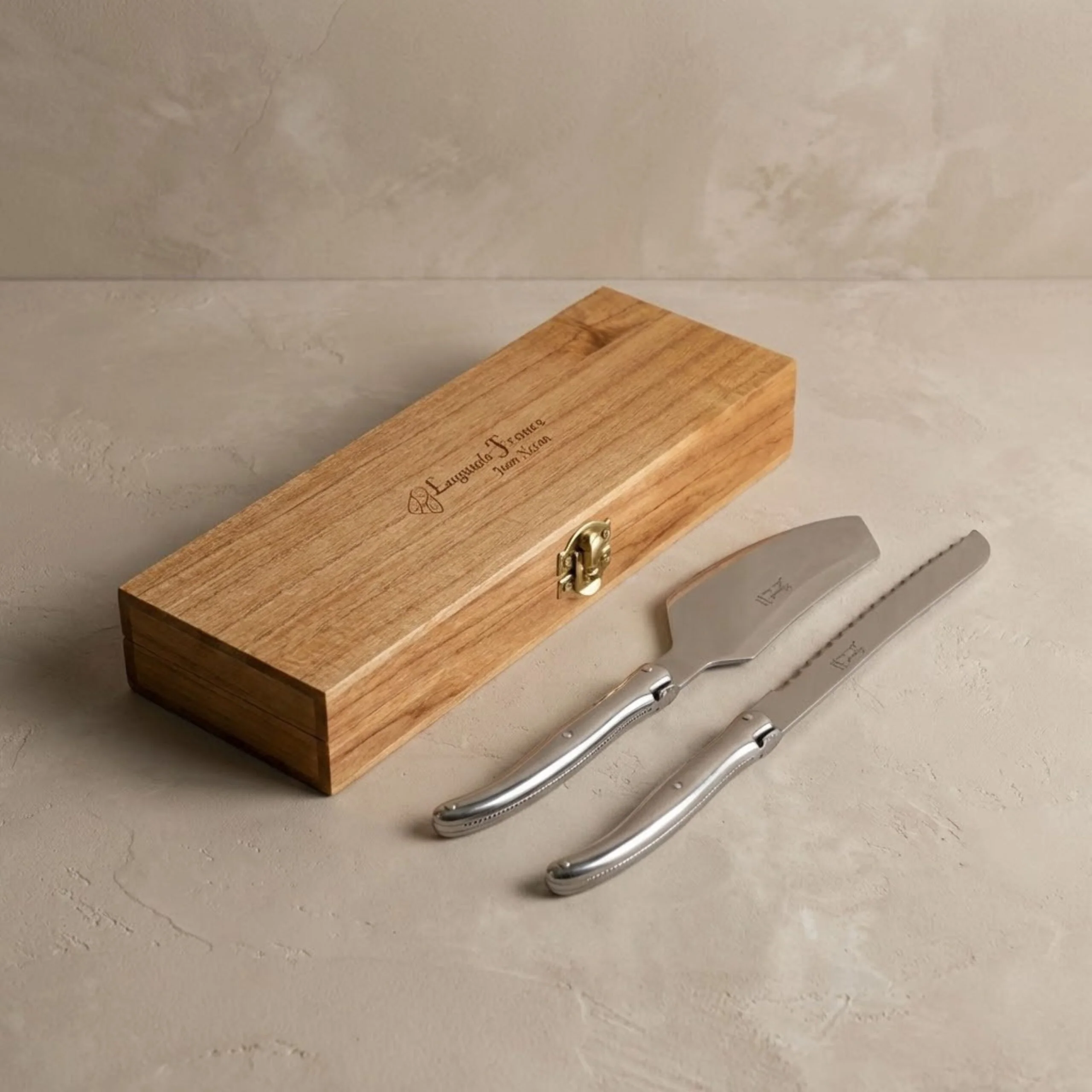 Durable Laguiole Cake Serving Set Platine Stainless Steel in wooden box Natural