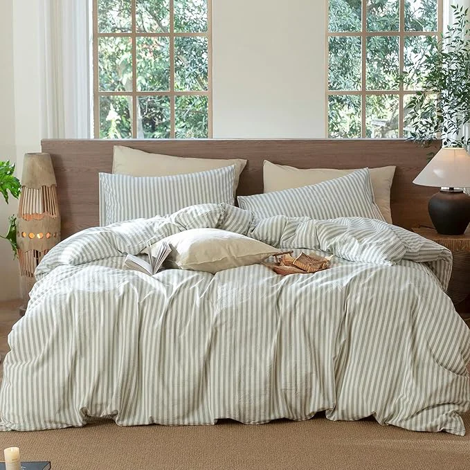 Eco-Friendly MooMee Striped Duvet Cover Set Washed Cotton Linen Like Textured Breathable Durable Soft Comfy Sage Green White Classic Stripes Twin 68 quot x90 quot Traditional