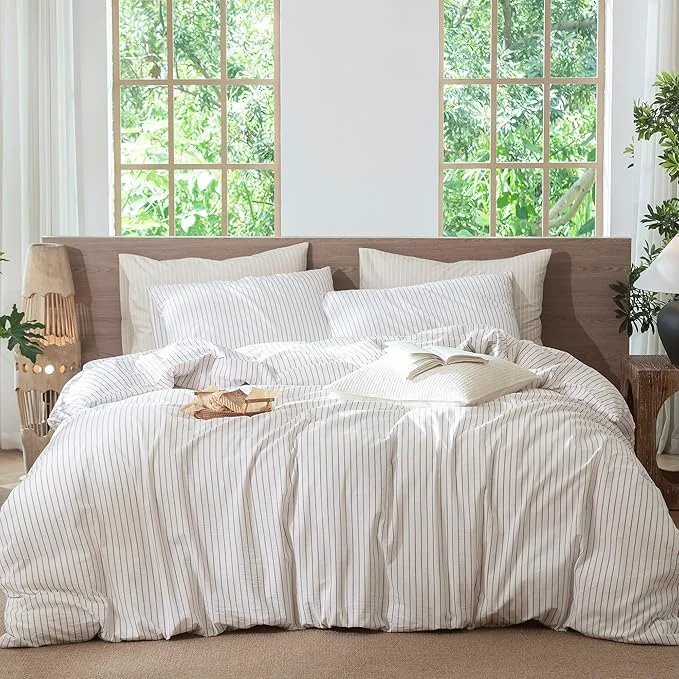 World-Class MooMee Striped Duvet Cover Set Washed Cotton Linen Like Textured Breathable Durable Soft Comfy White Orange Wide Stripes Cal King 104 quot x98 quot Functional