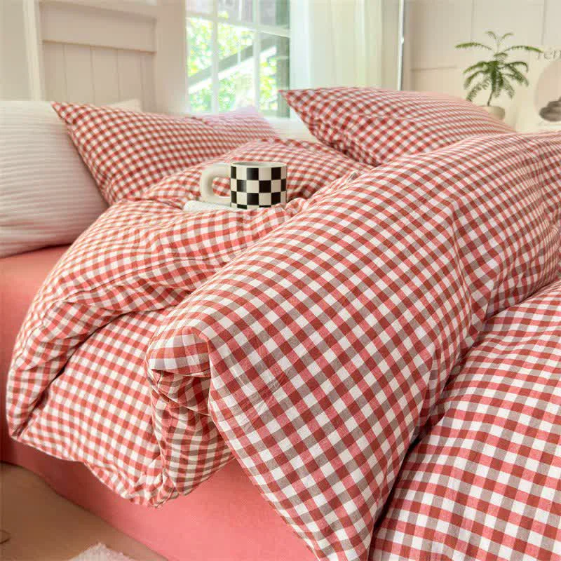 Detailed Ownkoti Small Check Gingham Pure Cotton Bedding Set Fashionable
