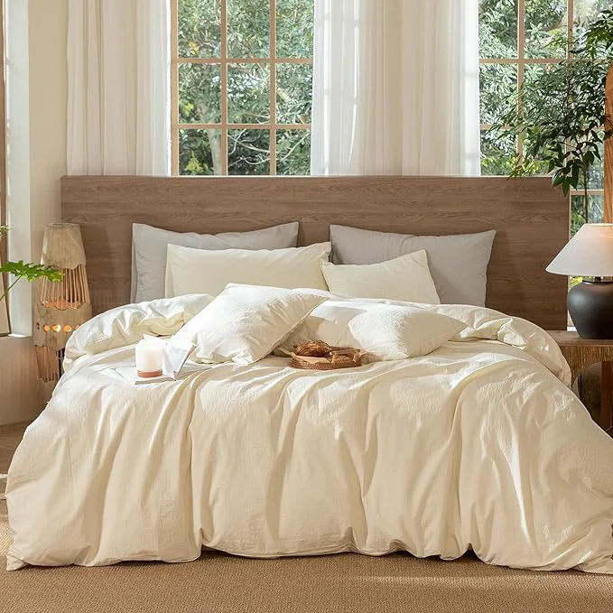 Smooth MooMee Wavy Striped Duvet Cover Set Washed Cotton Linen Like Textured Breathable Durable Soft Comfy Cream White Cal King 104 quot x98 quot Trusted