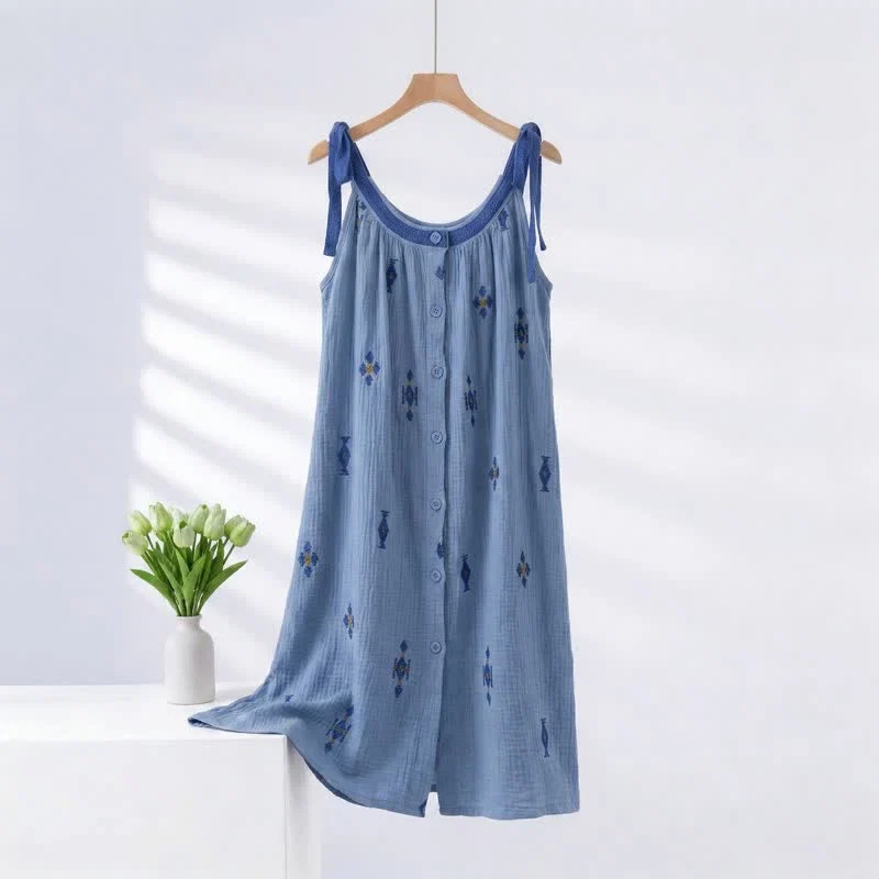 Dependable Ownkoti Blue Cotton Gauze Tie Strap Nightgown Unique