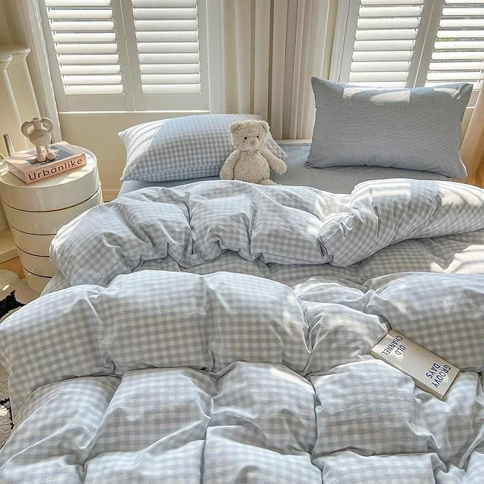 Solid LifeTB Blue Gingham Comforter Set King 3 Pieces Blue Plaid Grid Comforter Set Geoometric Checkered Pattern Comforter with 2 Pillowcases Lightweight Soft Farmhouse Gingham Plaid Bedding Set