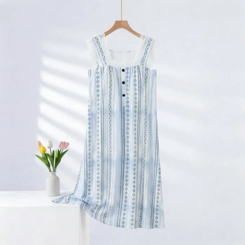 Refined Ownkoti Square Neck Striped Floral Sleeveless Nightgown Flexible