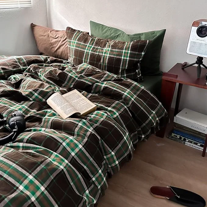 Unique LifeTB Brown Green Plaid Comforter Set King Size 3 Pieces Grid Gingham Bedding Comforter with 2 Pillowcases Fluffy Soft Farmhouse Grid Bedding Vintage Plaid Checkered Comforter Set for All Seasons Efficient