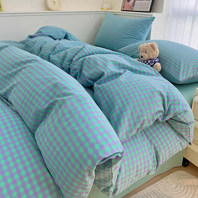 Expertly Made LifeTB Green Gingham Comforter Set Full Modern Style Green Purple Plaid Comforter Set Fluffy Soft Farmhouse Gingham Bedding Comforter 3 Pieces Grid Checkered Pattern Comforter with 2 Pillowcases Prestigious