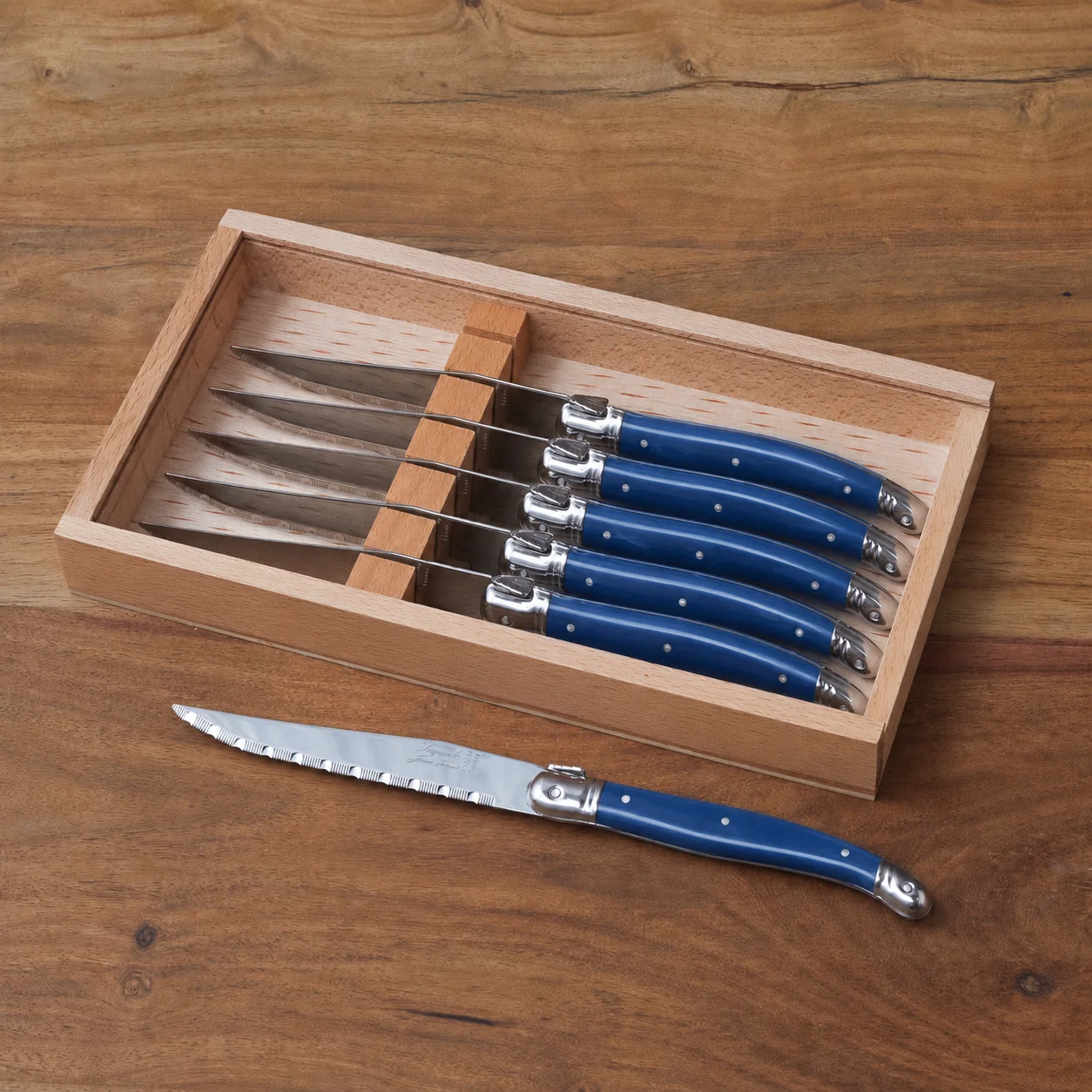 Dependable Laguiole 6 Piece Steak Knife Set French Blue in Wood Box with Acrylic Lid Trusted