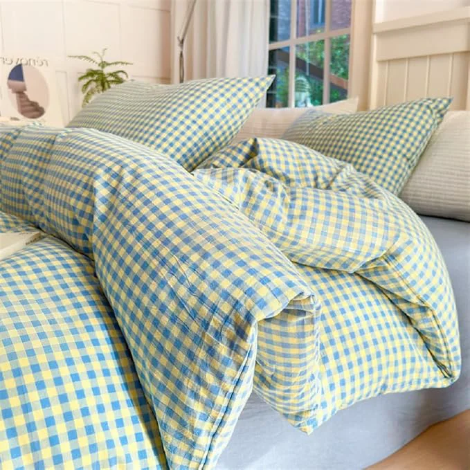 User-Friendly LifeTB Blue Yellow Gingham Comforter Set King 3 Pieces Soft Fluffy Grid Checkered Pattern Comforter with 2 Pillowcases Farmhouse Gingham Bedding Set Modern Style Geometric Plaid Comforter Set Elegant