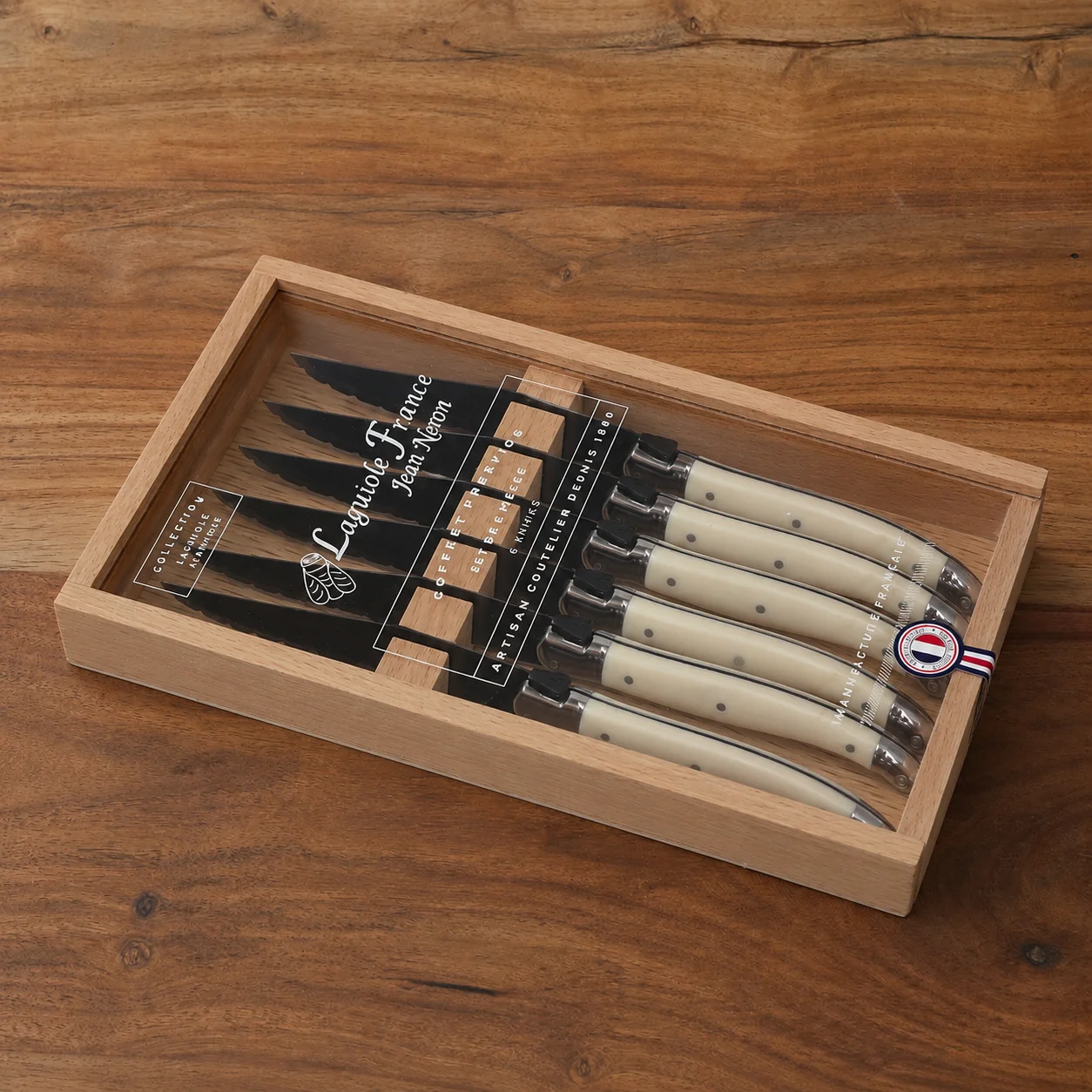 Specialty Laguiole 6 Piece Steak Knife Set Black Blade amp Ivory Handle in Wood Box with Acrylic Lid Superior