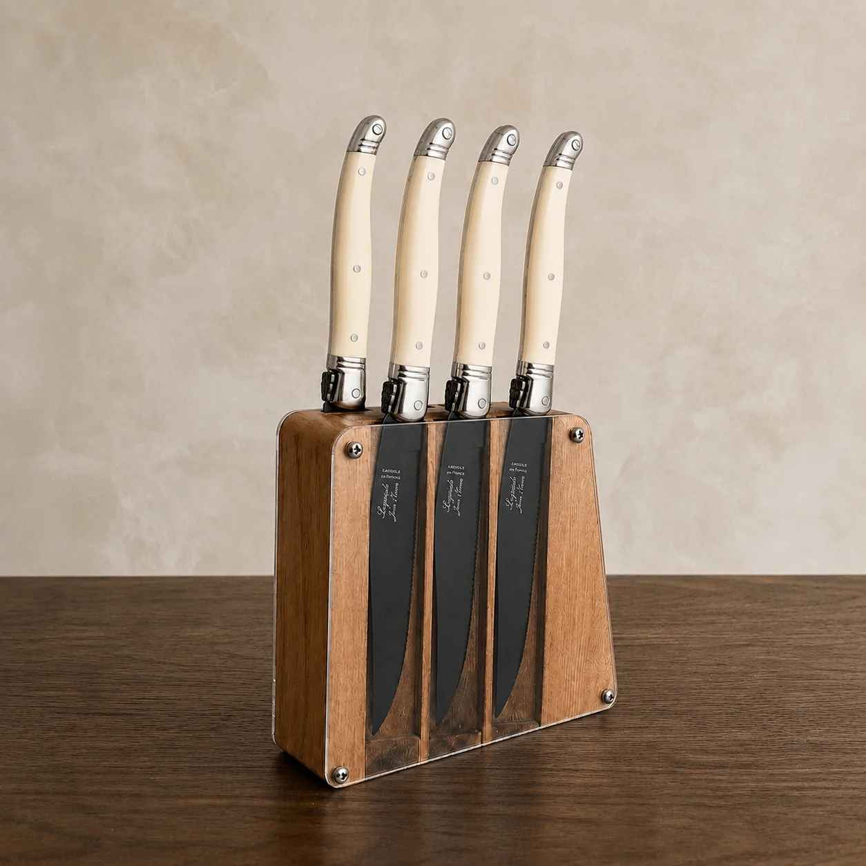 Functional Laguiole 6 Piece Steak Knife Set Black Blade amp Ivory Handle in Acrylic Block Casual