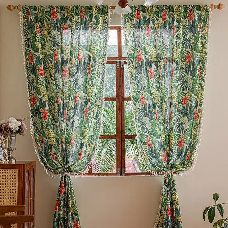 Organic Ownkoti Monstera amp Floral Print Tassel Curtains 2PCS Safe