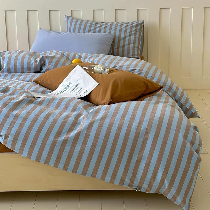 Fine LifeTB Vintage Striped Comforter Set Full 3 Pieces Blue Brown Stripes Pattern Printed Bedding Set Fluffy Soft Lightweight Bedding Comforter Set Farmhouse Striped Bed Comforter with 2 Pillowcases Selected