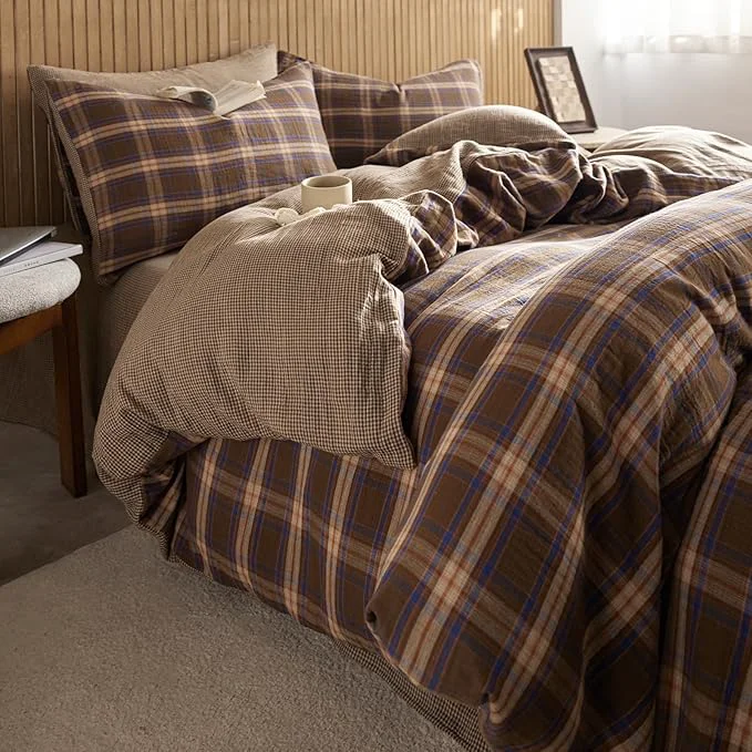 High-Quality EAVD Vintage Style Brown amp Blue Buffalo Plaid Duvet Cover Set Queen Soft Cotton Muslin Blue Brown Grid Gingham Bedding Set with 2 Pillowcases Farmhouse Gingham Duvet Cover with Zipper Closure Quality