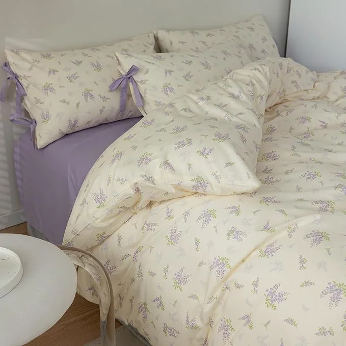 Traditional VM VOUGEMARKET Purple Flower Duvet Cover Set Twin 3 Pieces Girls Cottagecore Bedding Set Cotton Lilac Floral Comforter Cover with Zipper Closure Vintage Country Bedding-Lavender 68x86 Inch Contemporary