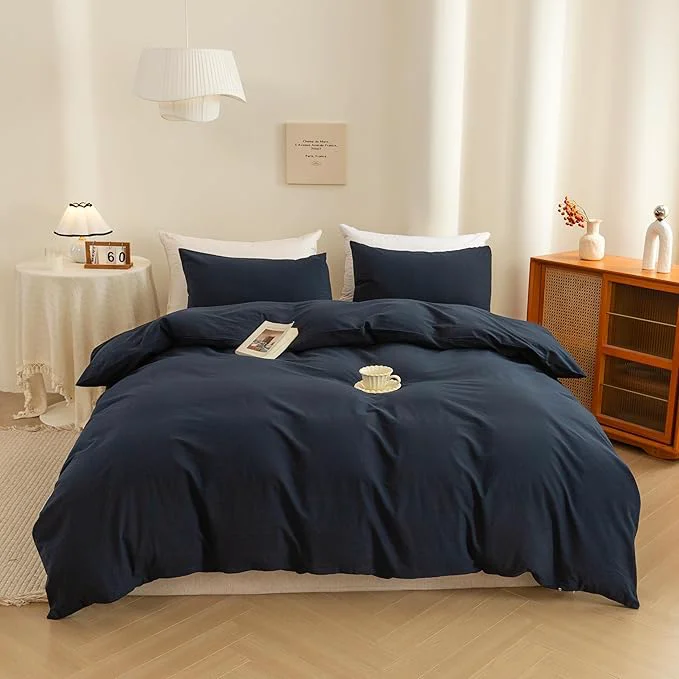 Smooth ECOCOTT Navy Blue Duvet Cover Oversized King Size - Washed Cotton Durable Soft Comfy Bedding Set 3 Pieces Duvet Cover with Zipper Closure Navy Blue 120 quot x 98 quot Original Design
