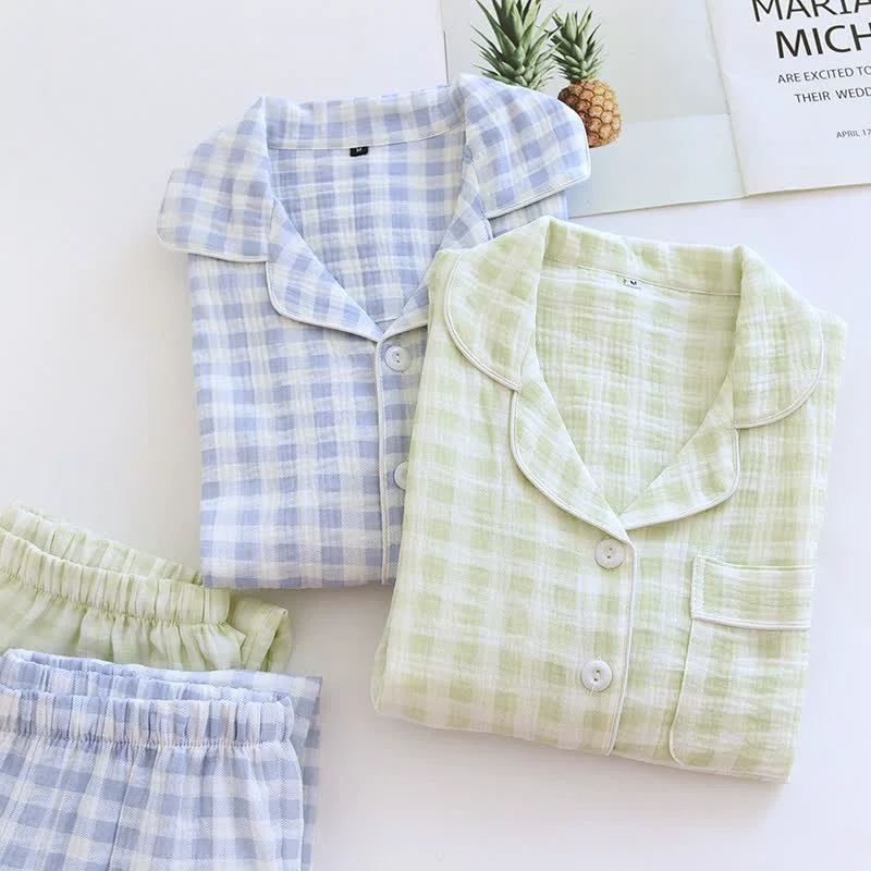 Professional Ownkoti Matching Couples Plaid Cotton Gauze Pajamas Long-Lasting