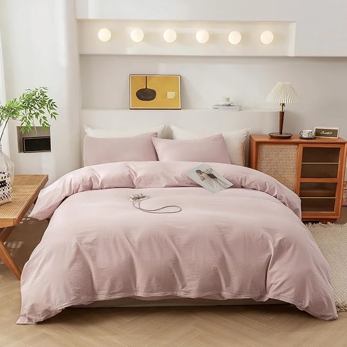 Premium Material ECOCOTT Duvet Cover Set Washed Cotton Linen-Like Soft amp Breathable Durable Comfy Bedding Set for All Seasons Full Size Greyish Pink Crafted