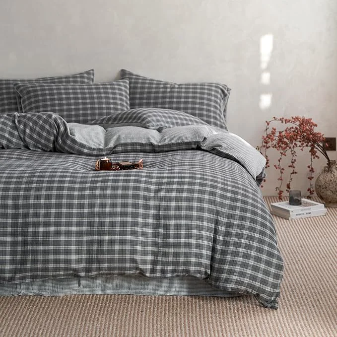 Modern EAVD Vintage Style Grey Plaid Gingham Duvet Cover Full Soft Cotton Muslin Grey Grid Checkered Bedding Set with 2 Pillowcases Reversible Plaid Duvet Cover with Zipper Closure Specialty