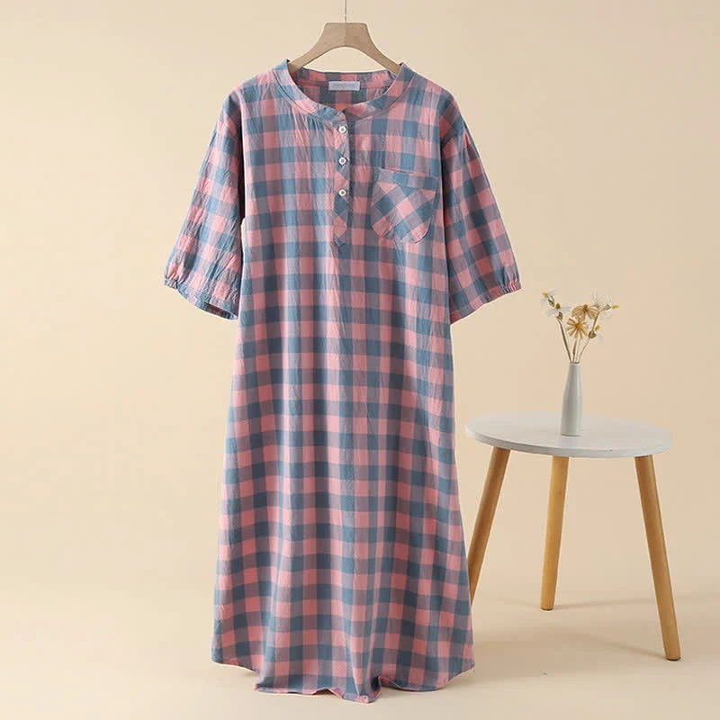 Fast Ownkoti Plaid Cotton Gauze Nightgown with 3-Button Reusable