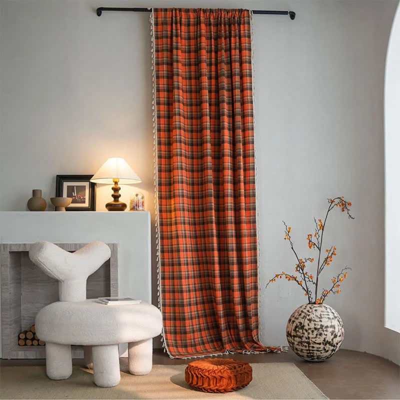Premium Ownkoti Bright Orange Plaid Tassel Curtain Smooth