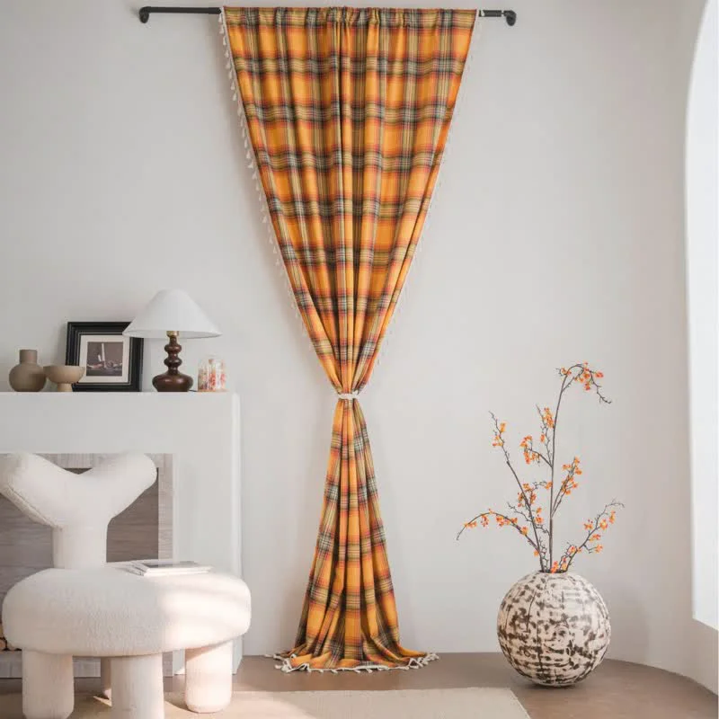 Elite Ownkoti Farmhouse Style Orange Plaid Tassel Curtain Powerful