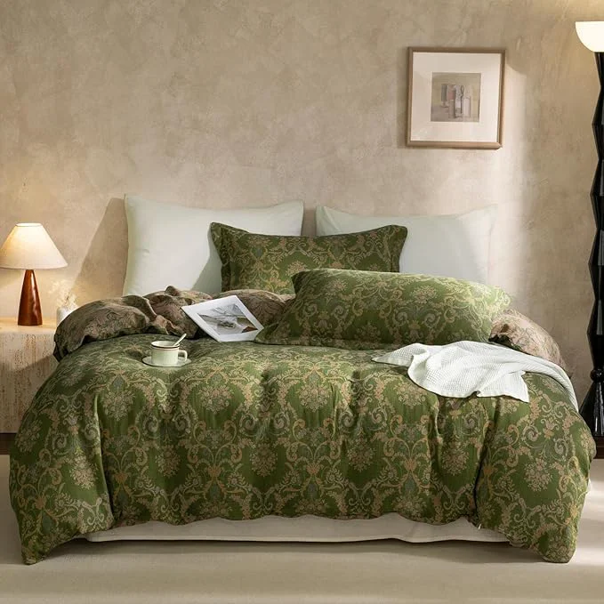 Sustainable VM VOUGEMARKET Olive Green Duvet Cover Set King Reversible Medallion Flower Print Bedding Set Linen Cotton Yarn-Dyed Textured Bohemian Duvet Cover with Zipper Closure-104 x90 Pure