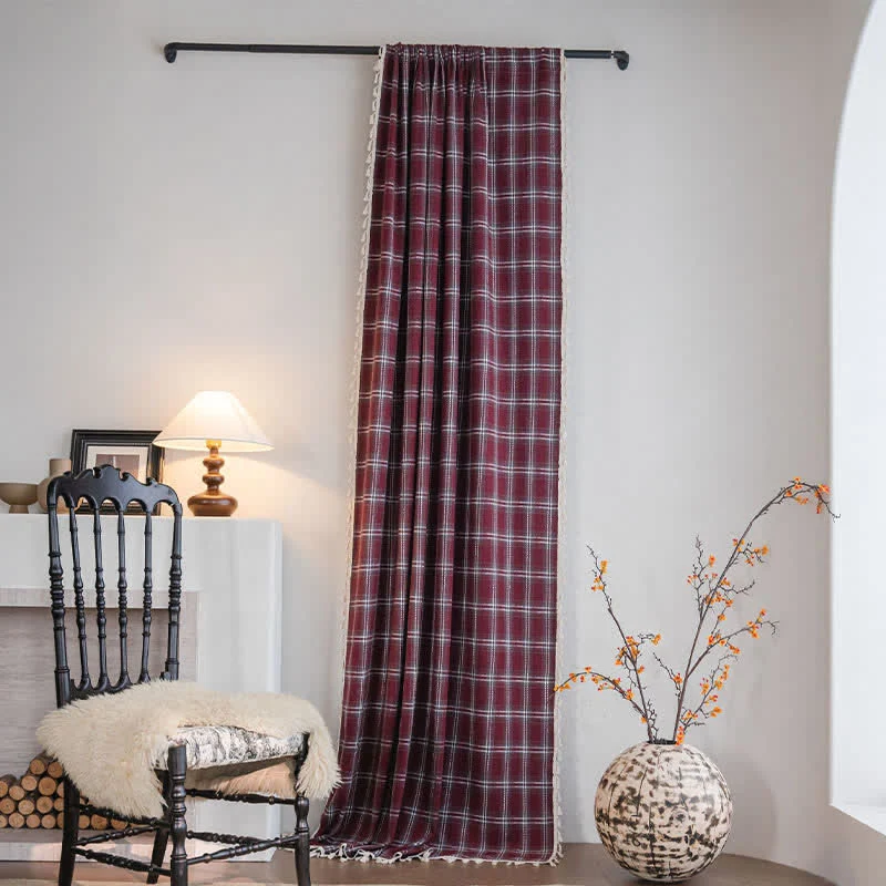 Long-Lasting Ownkoti Vintage Style Burgundy Plaid Tassel Curtain Enhanced