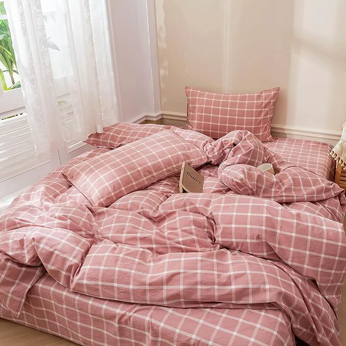 Excellent EAVD Modern Style White and Pink Grid Plaid Duvet Cover Twin Soft Cotton Reversible Checkered Plaid Bedding Set for Girls with 2 Pillowcases Simple Style Geometric Duvet Cover with Zipper Closure Professional