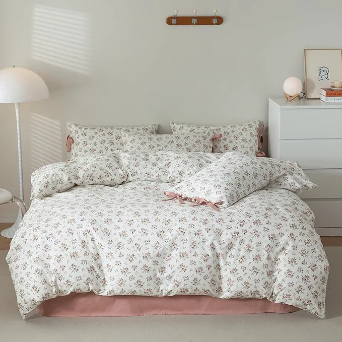 Fast VM VOUGEMARKET Peach Flower Bedding Set King Chic Girls Floral Duvet Cover with Zipper Closure Cotton Blush Pink Comforter Cover Set 3 pcs 104x90 Luxury
