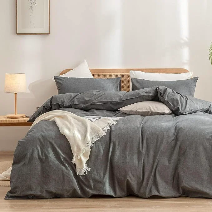 Consistent OUCH Duvet Cover Set Washed Cotton Linen Feel Super Soft Comfortable Chic Lightweight 3 PCs Home Bedding Set Solid Dark Grey Oversized Full Expertly Made