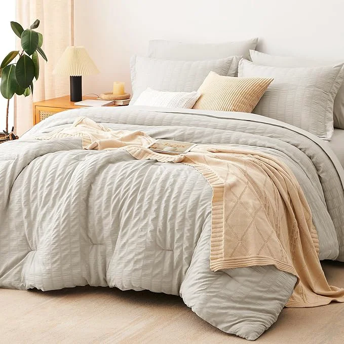 Environmentally Friendly CozyLux King Size Comforter Set Beige Seersucker 7 Pieces Bed in a Bag King Comforter Set with Sheets Luxury Soft Bedding Set with Down Comforter Sheets Pillowcases amp Shams All Seasons Safe