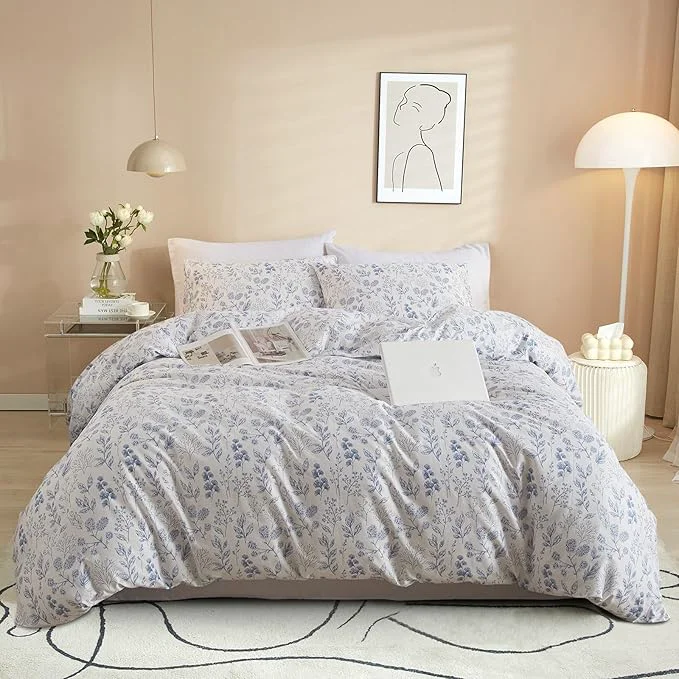 High-Quality VM VOUGEMARKET Duvet Cover Full 3 PCS Blue Floral Bedding Set Botanical Printed on White Duvet Cover Soft Cotton Comforter Cover with Zipper Closure 4 Ties for Teen Girls-80x90 Inch Fashionable