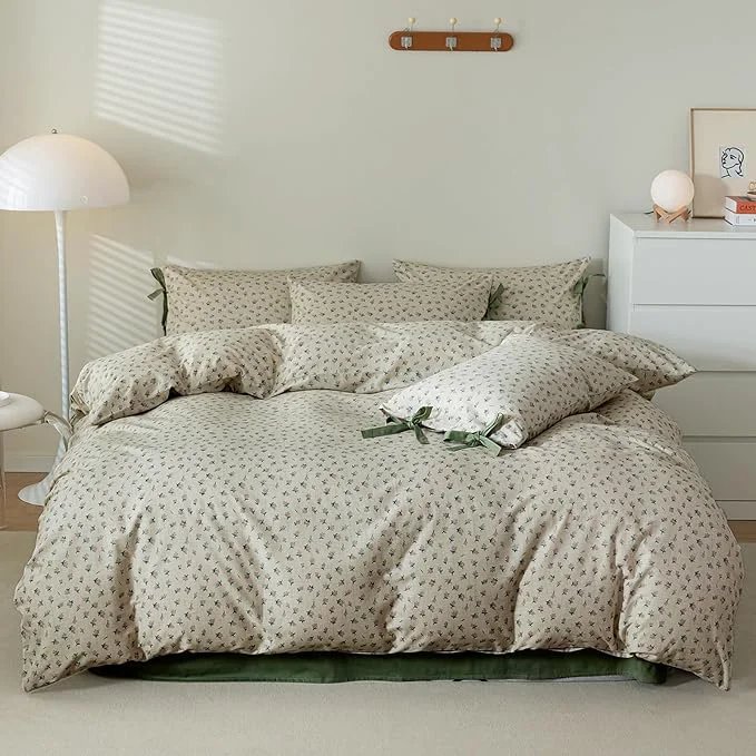 Trendy VM VOUGEMARKET Duvet Cover Set Queen Cotton 3 Pcs Girls Green Blossom Flower Comforter Cover with Zipper Closure Cottagecore Style Duvet Cover 2 Pillowcases with Bowknot-90x90 Inch Original Design