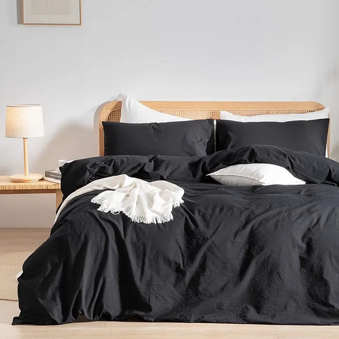 Breathable OUCH Duvet Cover Set Washed Cotton Linen Feel Super Soft Comfortable Chic Lightweight 3 PCs Home Bedding Set Solid Deep Black Full Double Efficient