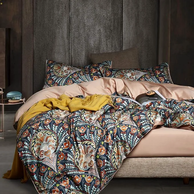 Environmentally Friendly VM VOUGEMARKET Boho Duvet Cover Queen Paisley Flower Printed Long Staple Cotton Duvet Cover with 2 Pillowcases Retro Damask Medallion Bedding Set-3 Pieces 90 quot x90 quot Artisan