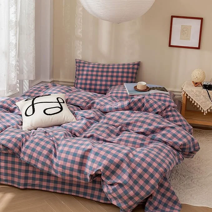 Enhanced EAVD Modern Purple Pink Plaid Duvet Cover Twin Soft Cotton Reversible Grid Plaid Bedding Set with 2 Pillowcases Simple Geometric Duvet Cover with Zipper Closure Exceptional