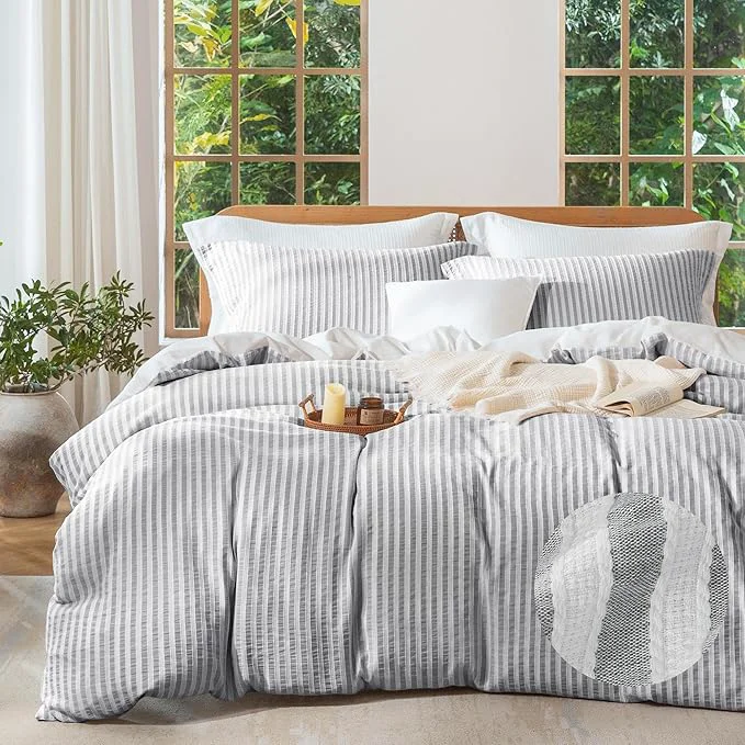 Recyclable MILDLY Grey Striped Duvet Cover - Washed Cotton Jacquard Textured Comforter Cover with Dual Zipper Closure amp 8 Coner Ties Exceptional