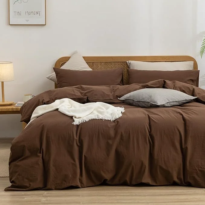 Modern OUCH Duvet Cover Set Washed Cotton Linen Feel Super Soft Comfortable Chic Lightweight 3 PCs Home Bedding Set Solid Cocoa Brown Super King Expertly Made
