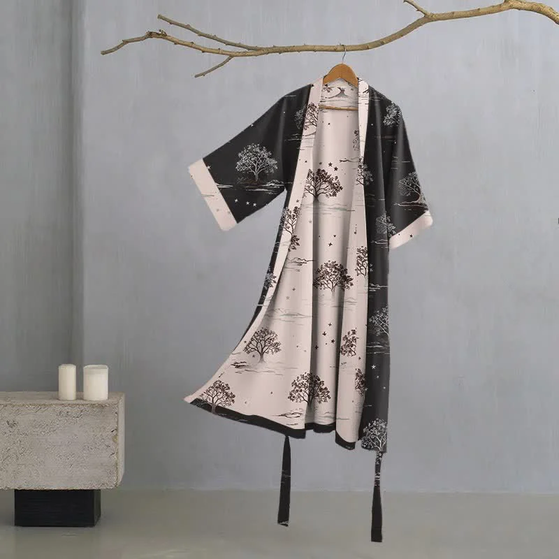 Sophisticated Ownkoti Unisex Charcoal Tree Cotton Kimono Robe Convenient