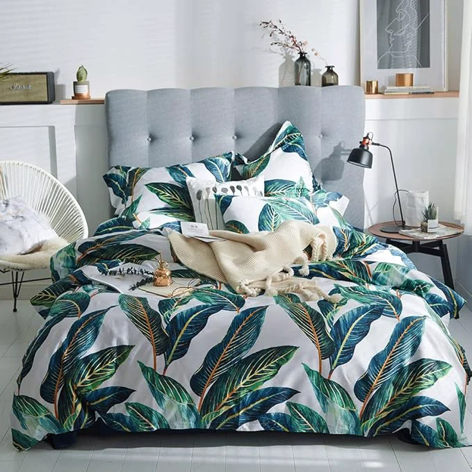 High-End VM VOUGEMARKET Leaves Duvet Cover Set Queen 3 Piece Soft Premium Cotton Green Tropical Palm Tree Comforter Cover with Zipper Closure Botanical Bedding Set Queen Premium Material
