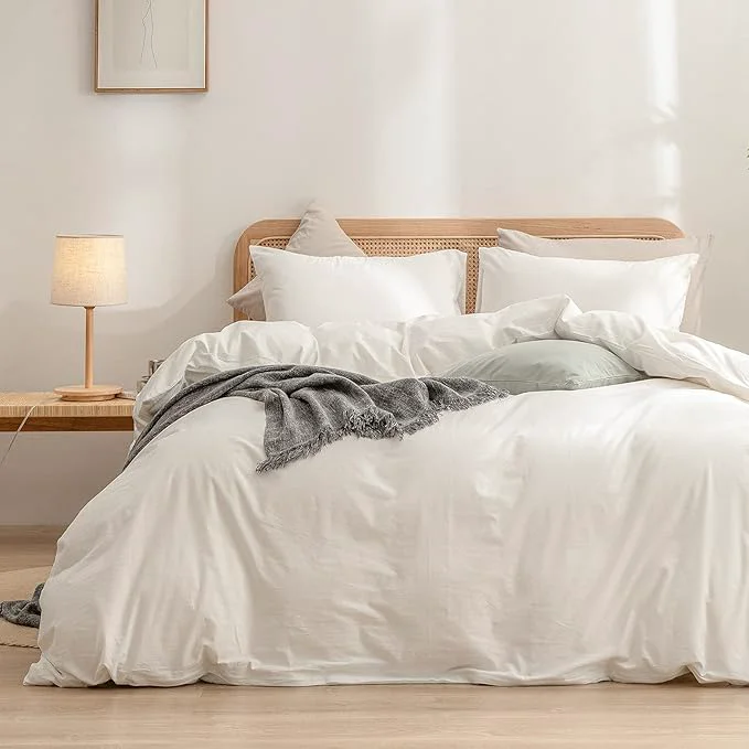 Green OUCH Duvet Cover Set Washed Cotton Linen Feel Super Soft Comfortable Chic Lightweight 3 PCs Home Bedding Set Solid Off White Oversized Queen Clean