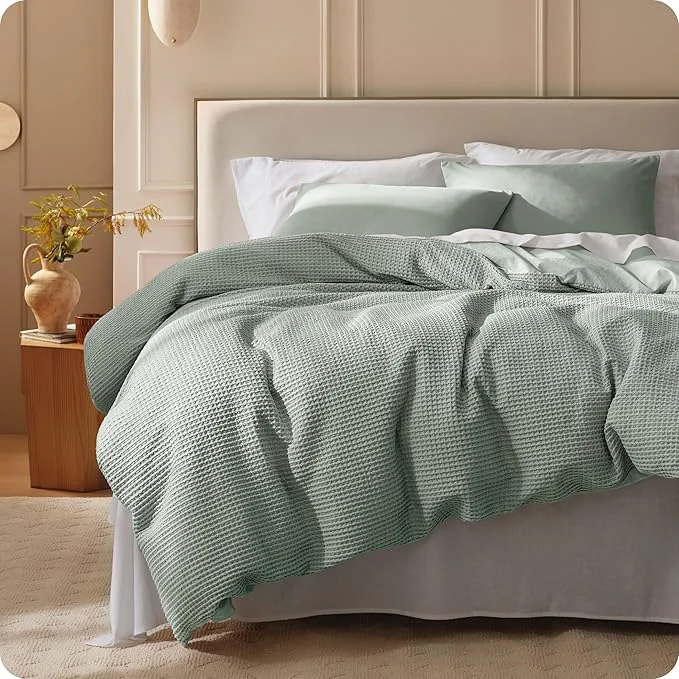 Fashionable Bedsure Cotton Duvet Cover King Size - Cotton Waffle Weave Sage Green Duvet Cover PureWoven Textured Breathable Bedding Comforter Cover for All Season 1 Duvet Cover Only 104 quot x90 quot Recyclable