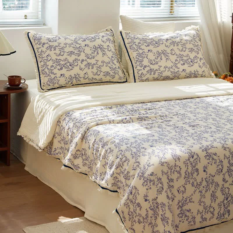Proven Ownkoti Blue Leaf Ruffled Cotton Gauze Quilt Relaxed