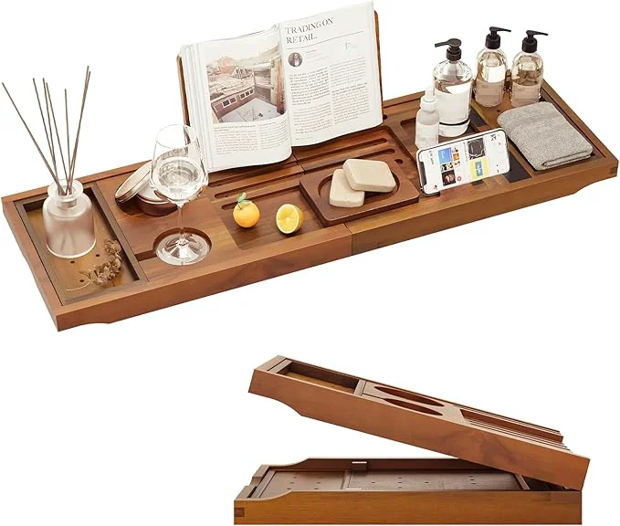 Smart Premium Foldable Teak Bathtub Tray Expandable Bath Tray Powerful